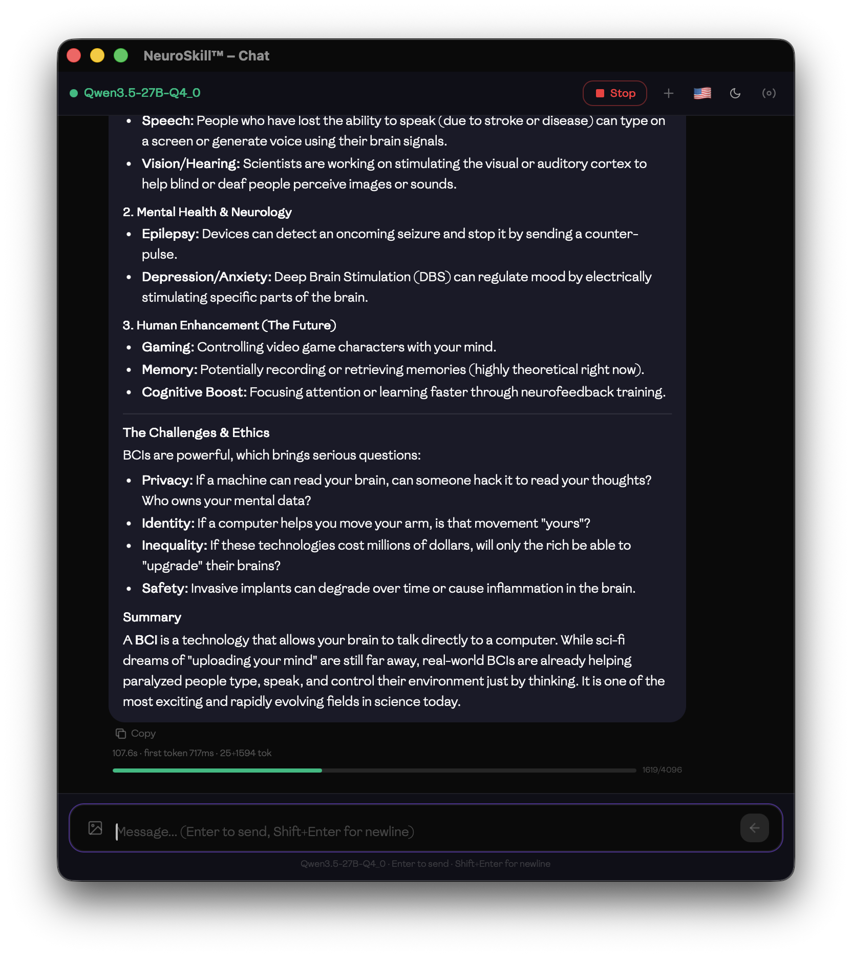 LLM Chat — complete BCI explanation with formatted answer