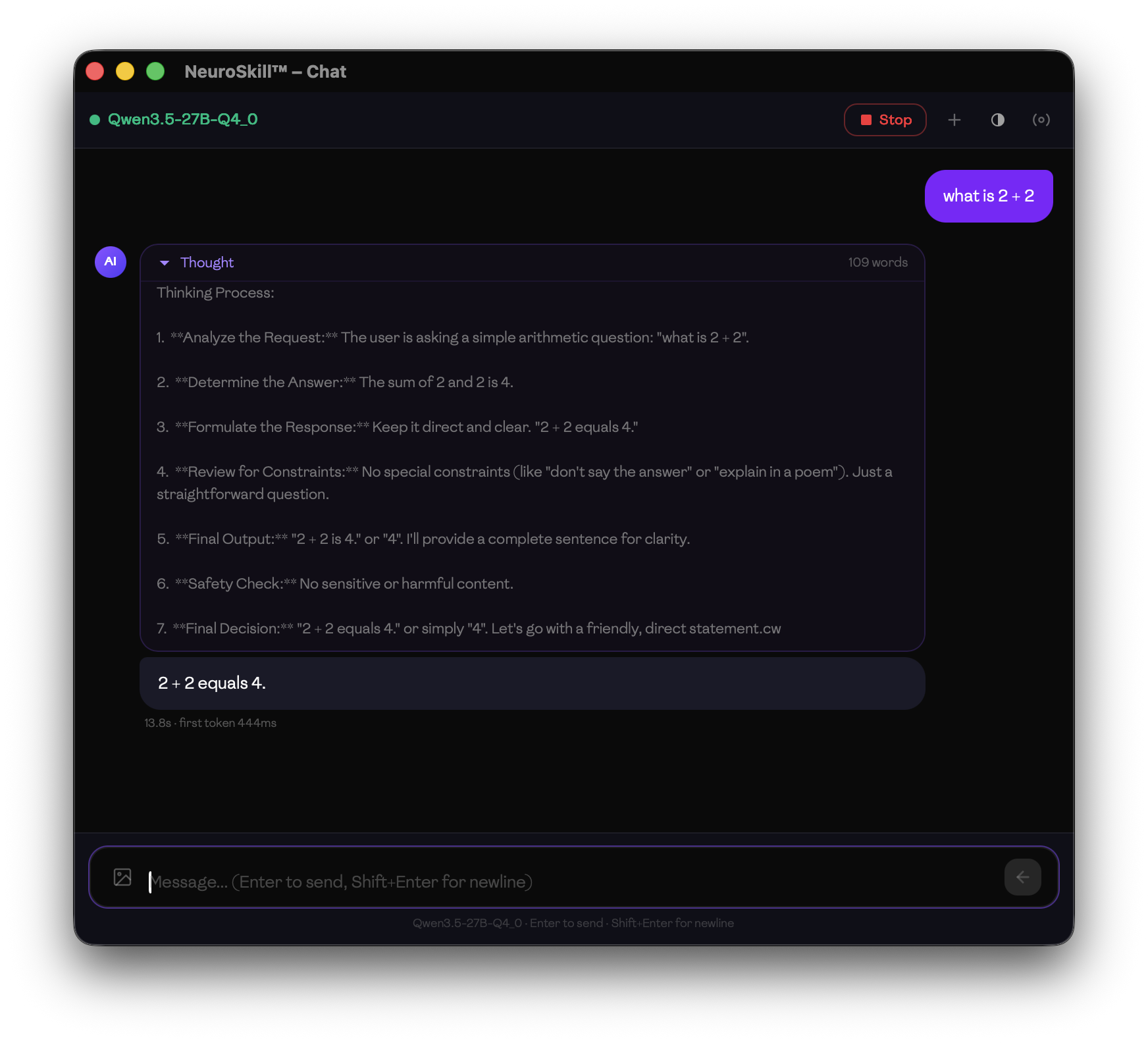 LLM Chat — local model with reasoning chain visible