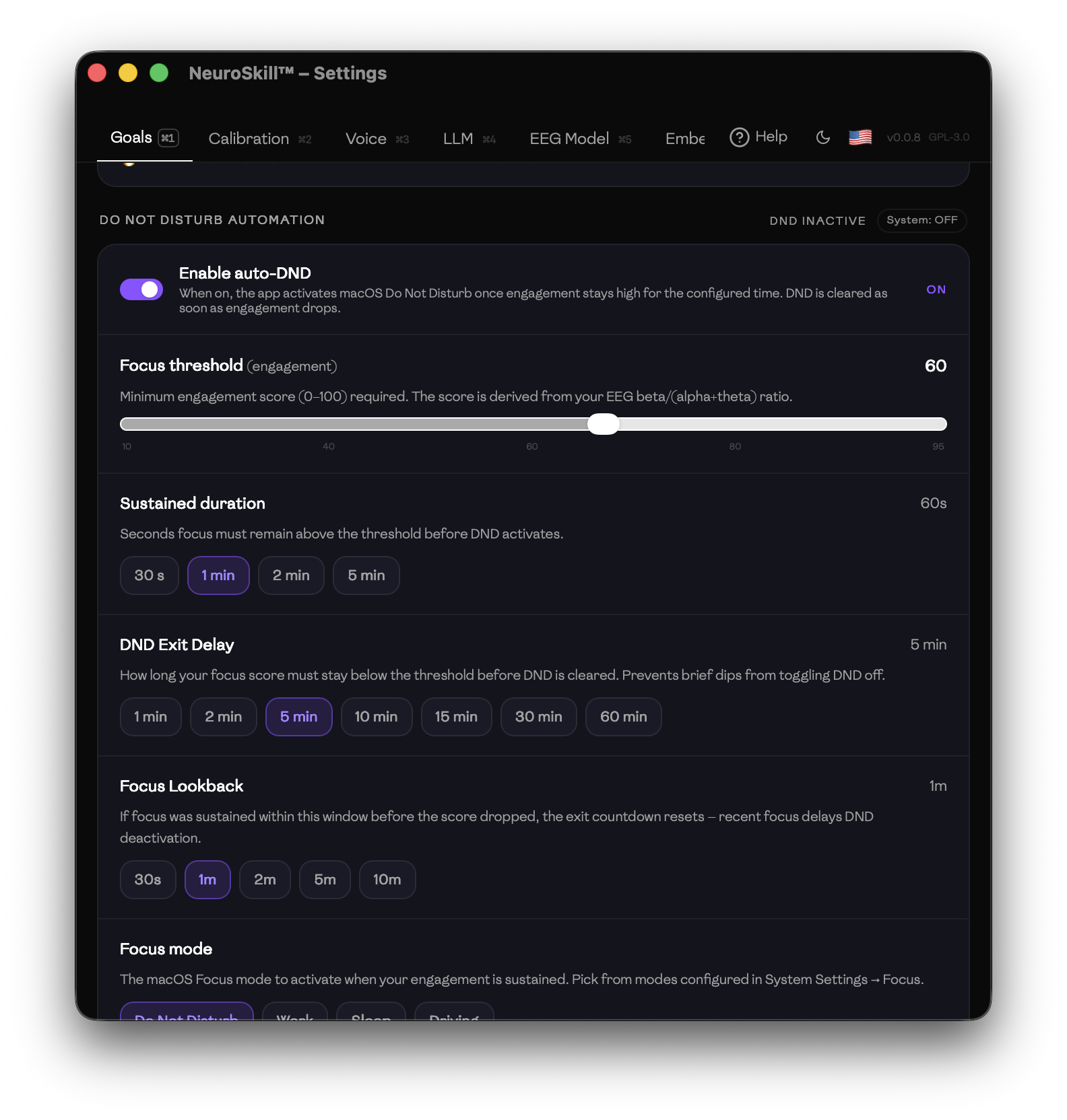Settings — EEG-triggered Do Not Disturb automation