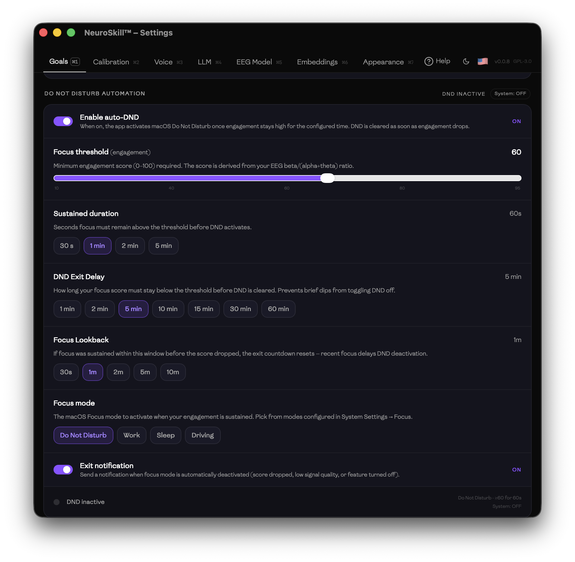 Settings Goals — full DND panel with focus mode selector