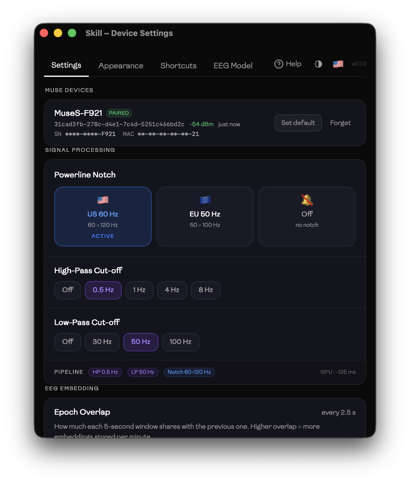 Settings — signal processing configuration